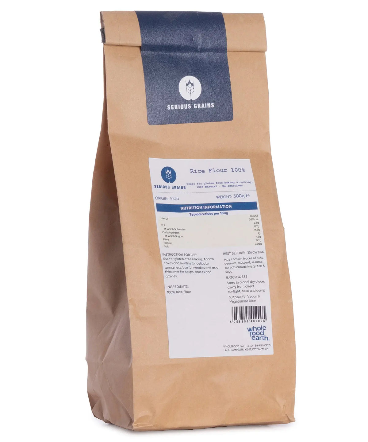 Bag of Whole Food Earth 100% rice flour from Serious Grains, 500g package, showing the white rice flour in a clear plastic bag.