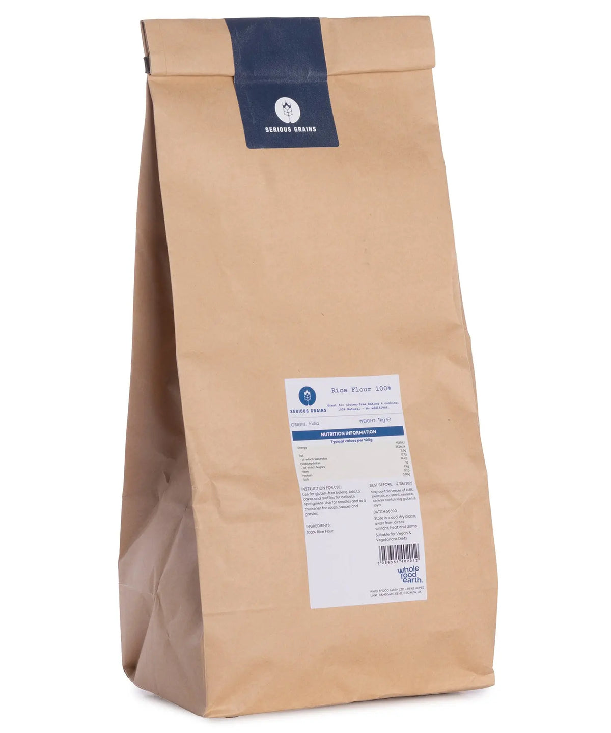 Whole Food Earth 1kg rice flour bag, 100% rice flour product from Serious Grains line, with a white bag and label visible.