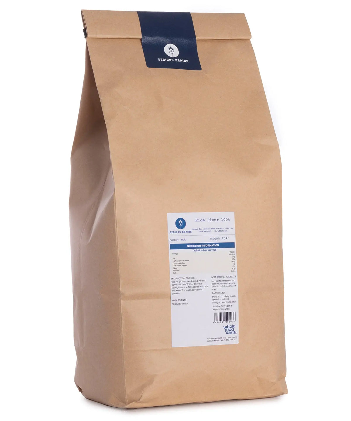 Whole Food Earth 3kg rice flour, 100% natural, gluten-free flour from Serious Grains, ideal for baking and cooking.