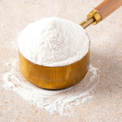 Whole Food Earth 100% rice flour in a clear package, showing fine white rice flour for gluten-free baking and cooking.
