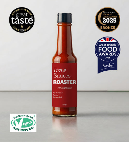 Braw Sauces hot roaster sauce bottle with label, showcasing spicy flavor, in a vibrant, colorful design.