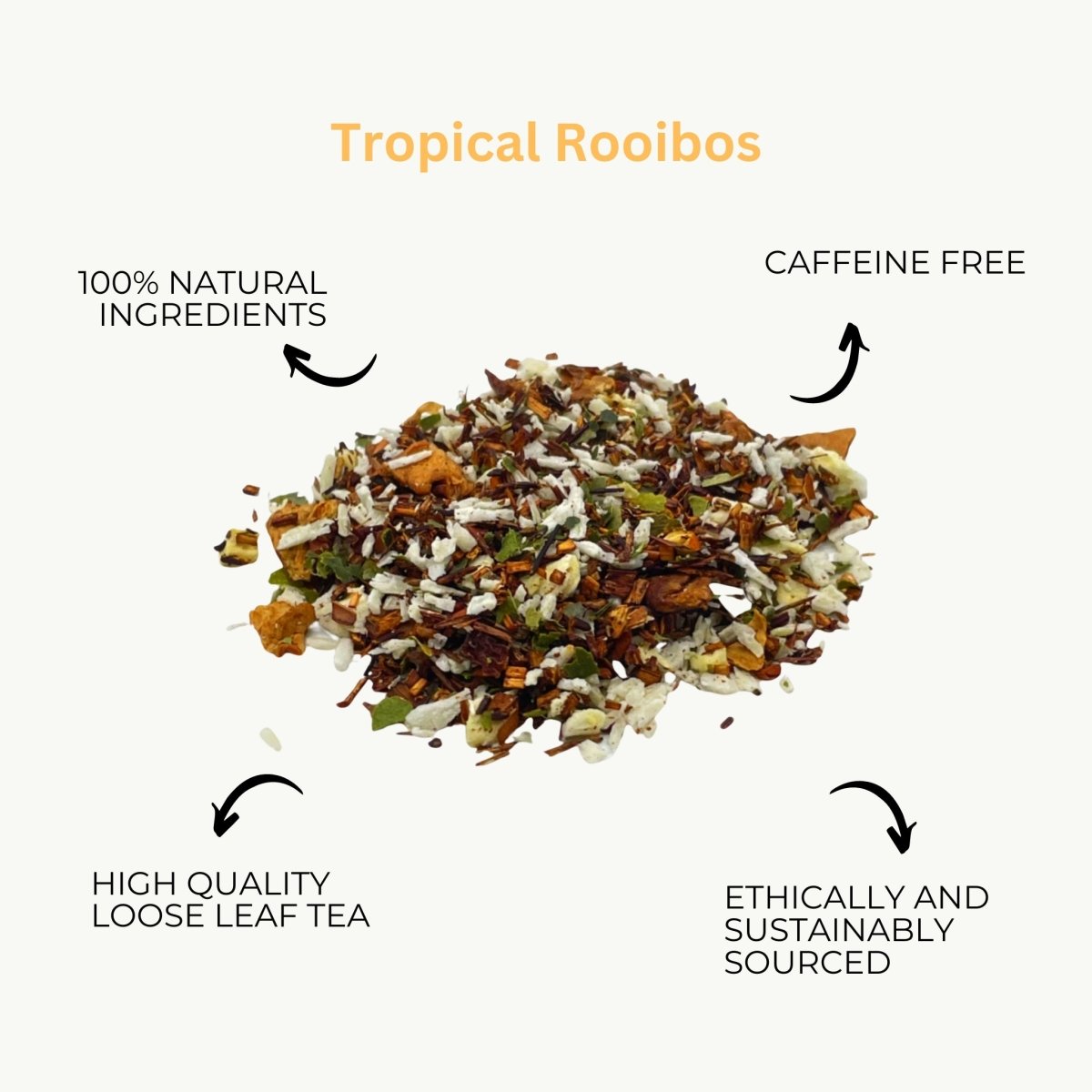 Loose leaf Tropical Rooibos tea by ArtisanBox featuring vibrant red and orange rooibos leaves in a clear glass jar.