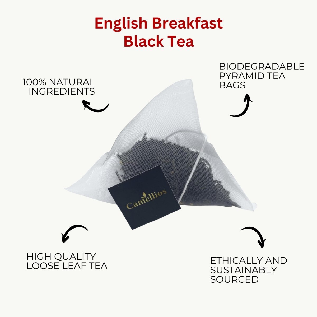Camellios English Breakfast tea and infusions in a tea bag, showcasing rich brewed rooibos tea with a deep amber color.
