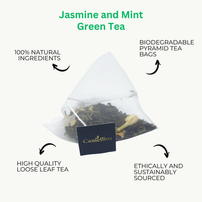 A cup of jasmine and mint green tea in a teacup with loose tea leaves and fresh mint, showcasing Camellios tea and infusions.