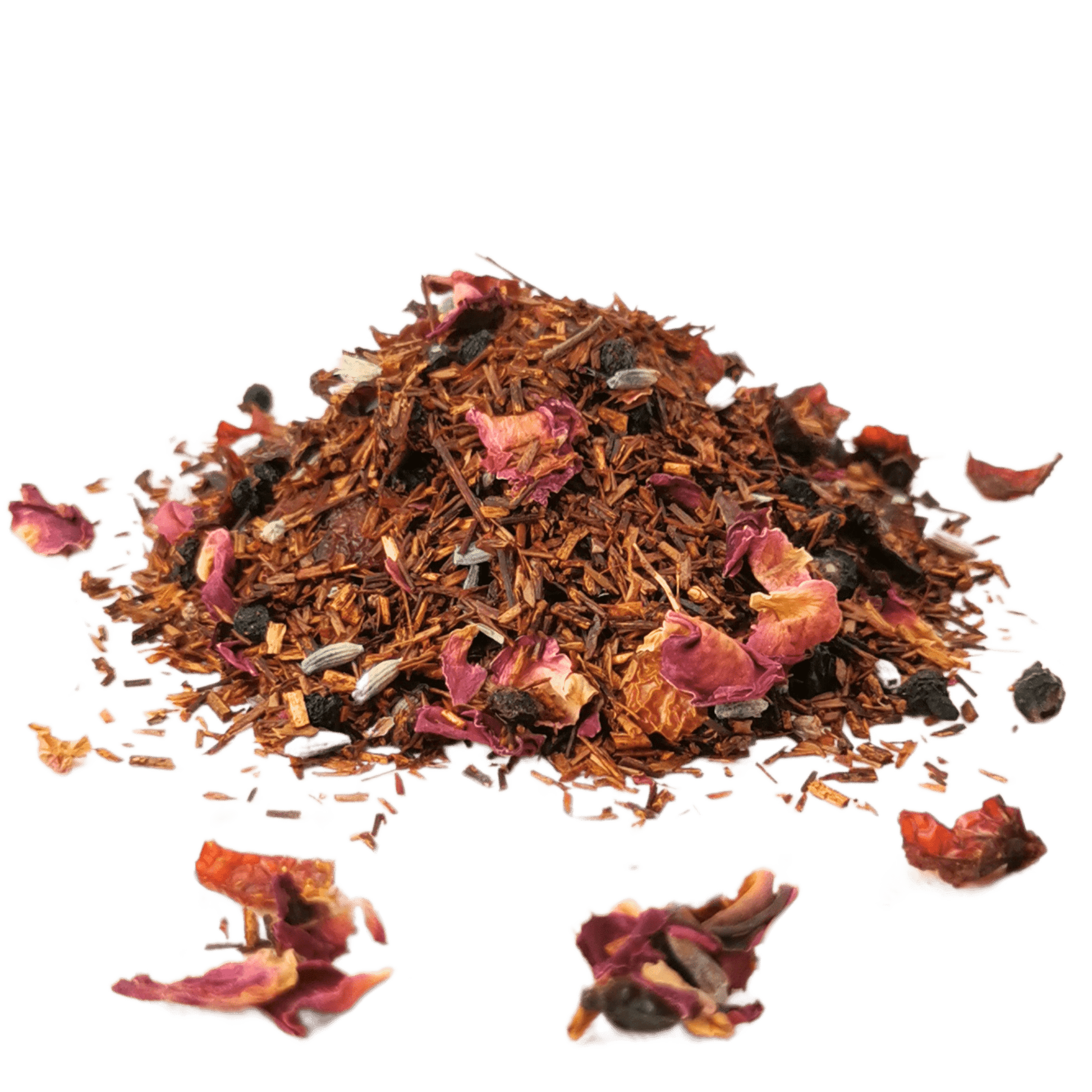Bottle of Porter Hill Tea Company Rooibos De Provence herbal tea with dried rooibos leaves and herbs in a clear glass jar.