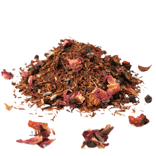 Bottle of Porter Hill Tea Company Rooibos De Provence herbal tea with dried rooibos leaves and herbs in a clear glass jar.