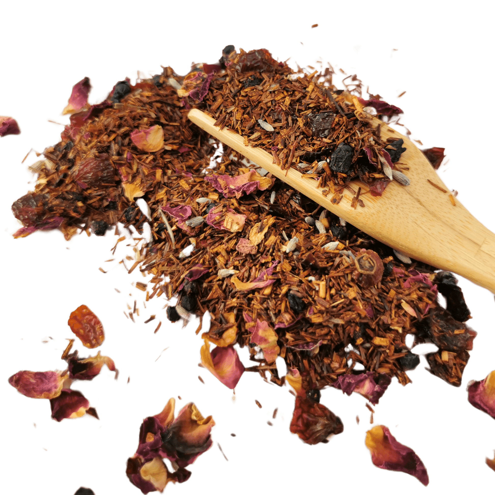 Cup of Porter Hill Tea Company's Rooibos De Provence herbal tea with dried rooibos leaves and herbs in a clear glass cup.