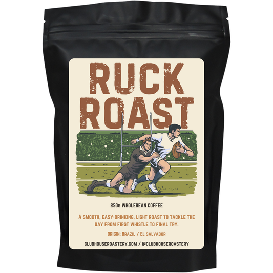 Bag of Clubhouse Roastery Ruck Roast coffee with label showing the product name and branding.