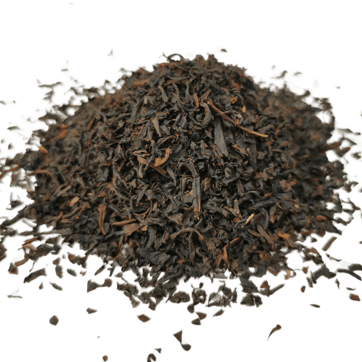 Loose leaf Russian Caravan black tea from Porter Hill Tea Company with dark, fragrant tea leaves in a clear glass jar.
