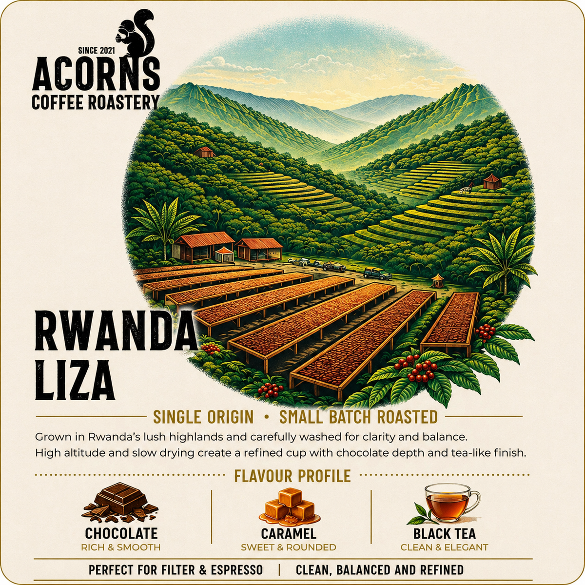 Rwanda Liza medium roast coffee beans from Acorns Coffee & Cake, showcasing roasted beans with chocolate and caramel notes.
