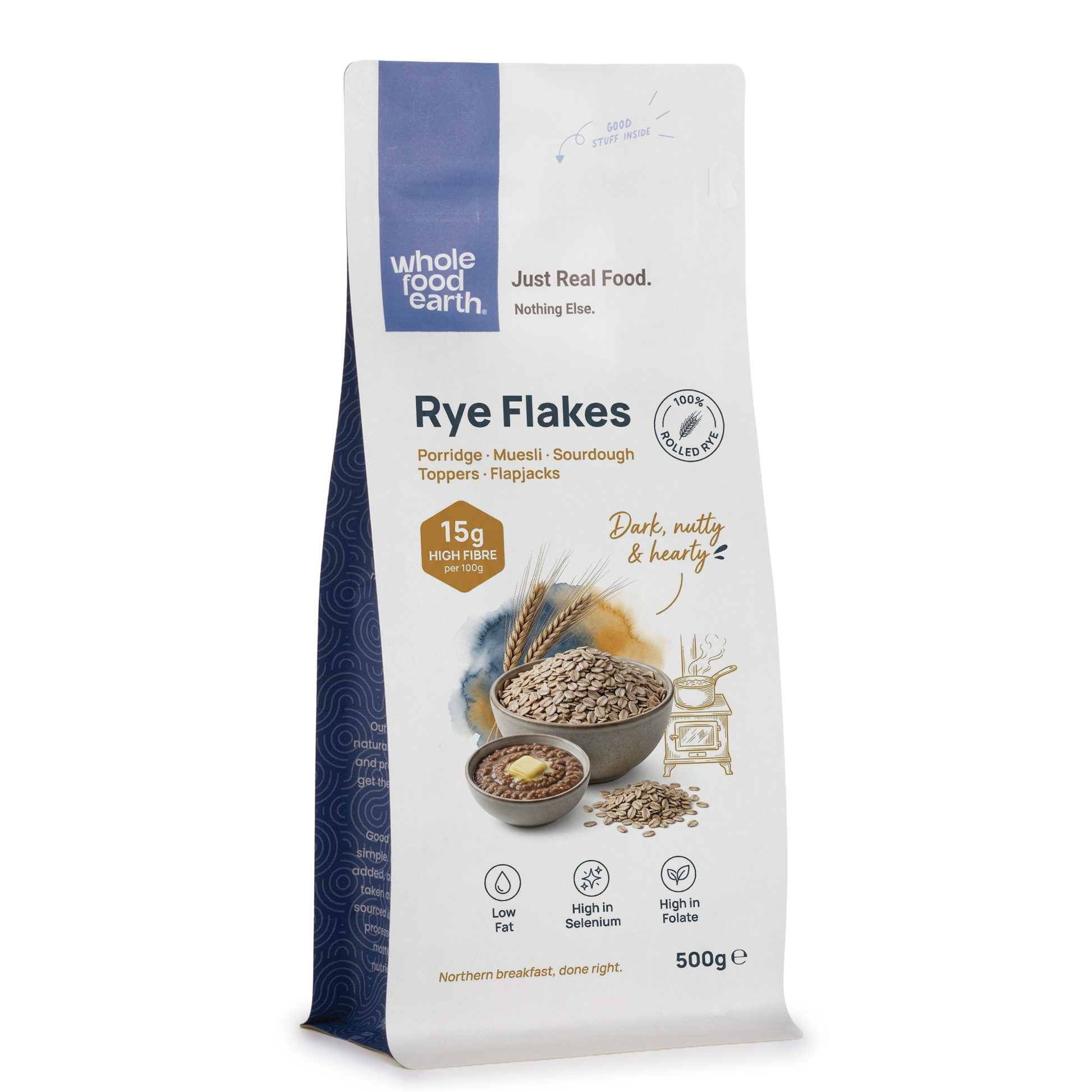 Whole Food Earth rye flakes, specialty cereal flakes in a 500g package, showing dried, golden rye grains in a bowl.