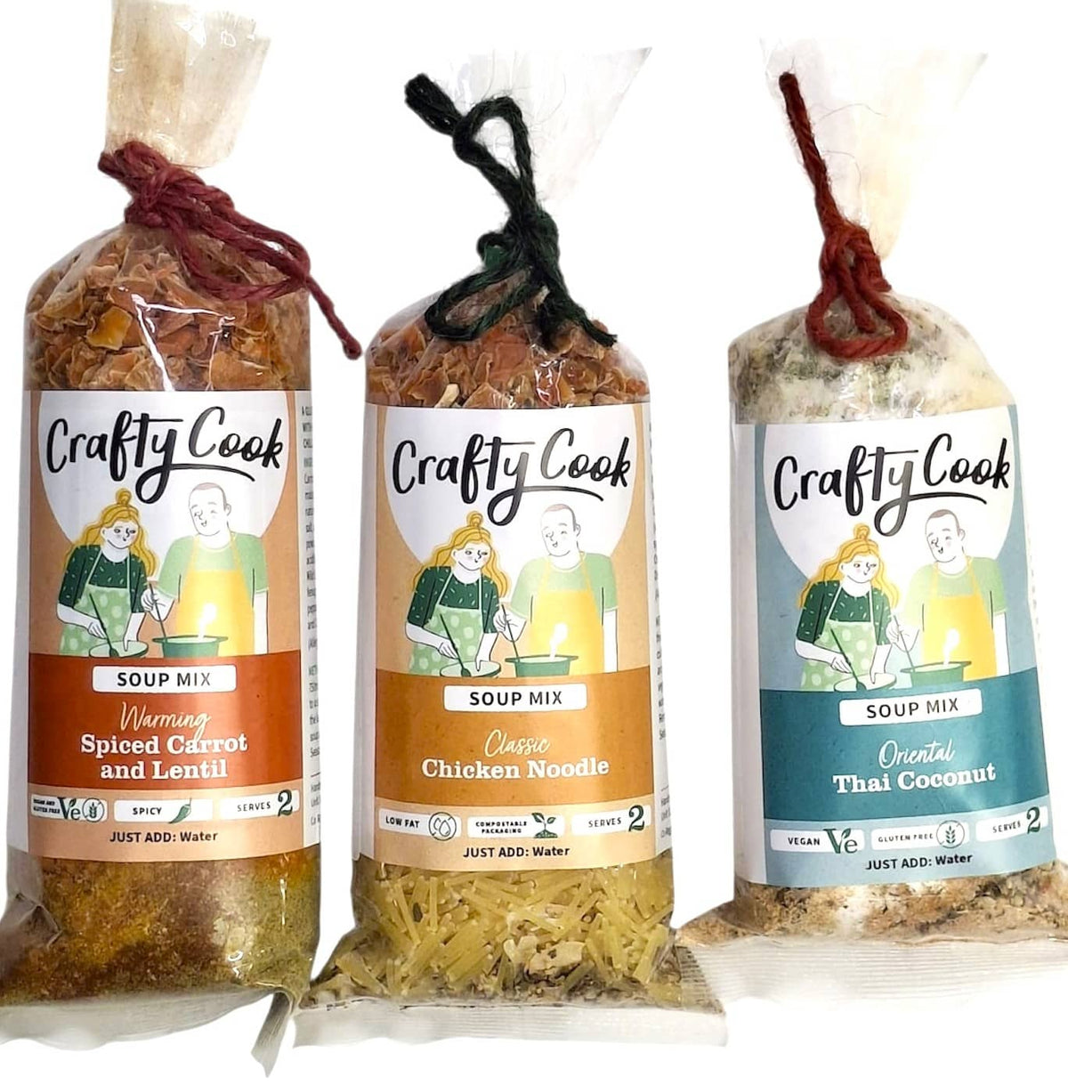 Assorted savory mini soup collection by Crafty Cook featuring three 2-serving meals in colorful bowls.