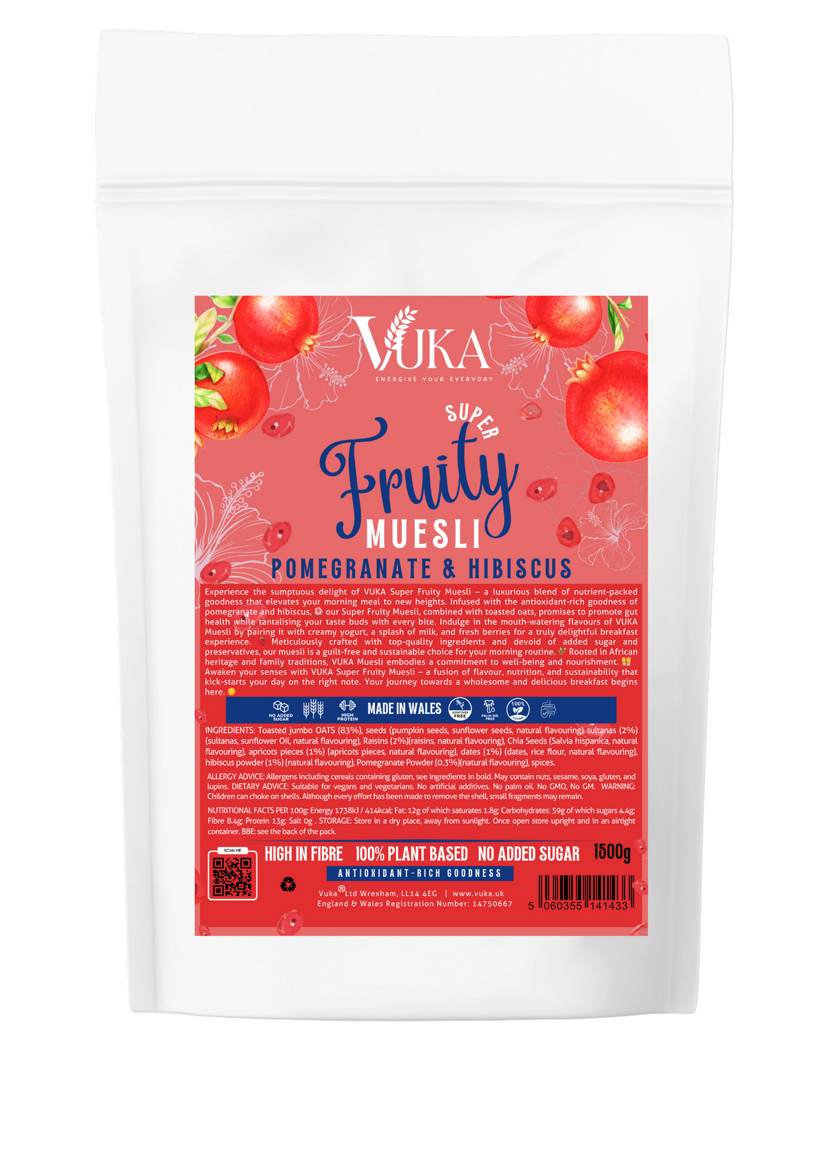 Goch & Co Super Fruity Muesli with hibiscus and pomegranate in a 1500g box, showing colorful cereal flakes and dried fruit pieces.