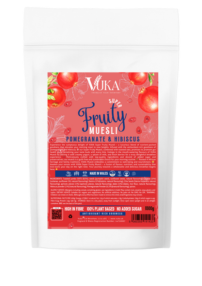 Goch & Co Super Fruity Muesli with hibiscus and pomegranate in a 1500g box, showing colorful cereal flakes and dried fruit pieces.