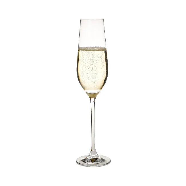 Set of six Harmony Champagne Flutes by Glassware UK, 230ml capacity, clear glass with elegant stem design.