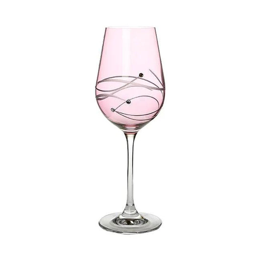 Pink wine glass with diamond and spiral design, featuring clear glass and intricate cut patterns, by Glassware UK.