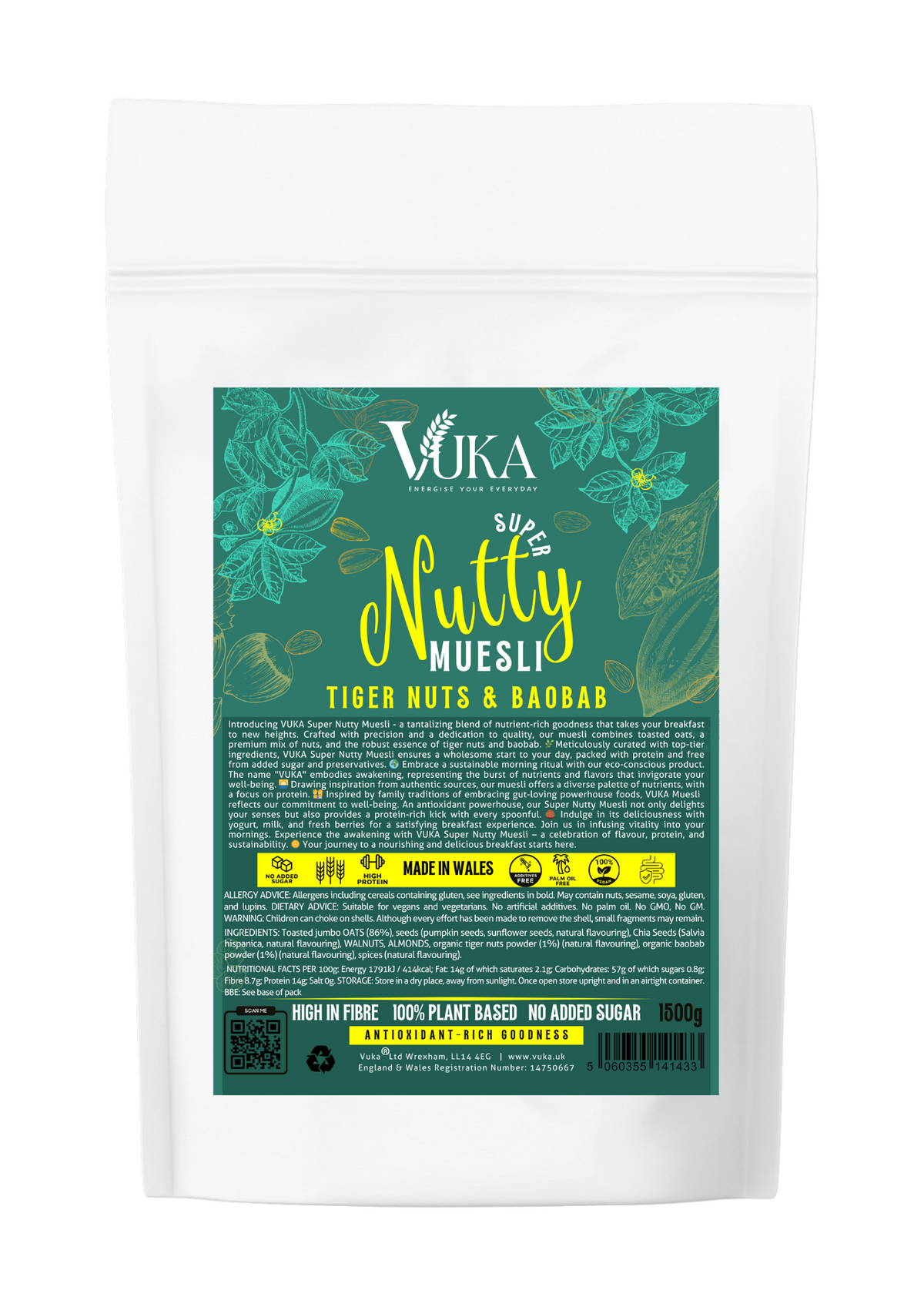 Super Nutty Muesli with Baobab and Tiger Nuts in a 1500g Goch & Co package, showing the colorful, crunchy cereal blend.