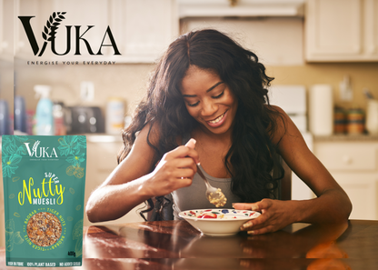 Super Nutty Muesli with baobab and tiger nuts by Goch & Co, featuring a bowl of crunchy muesli with dried fruits and nuts.