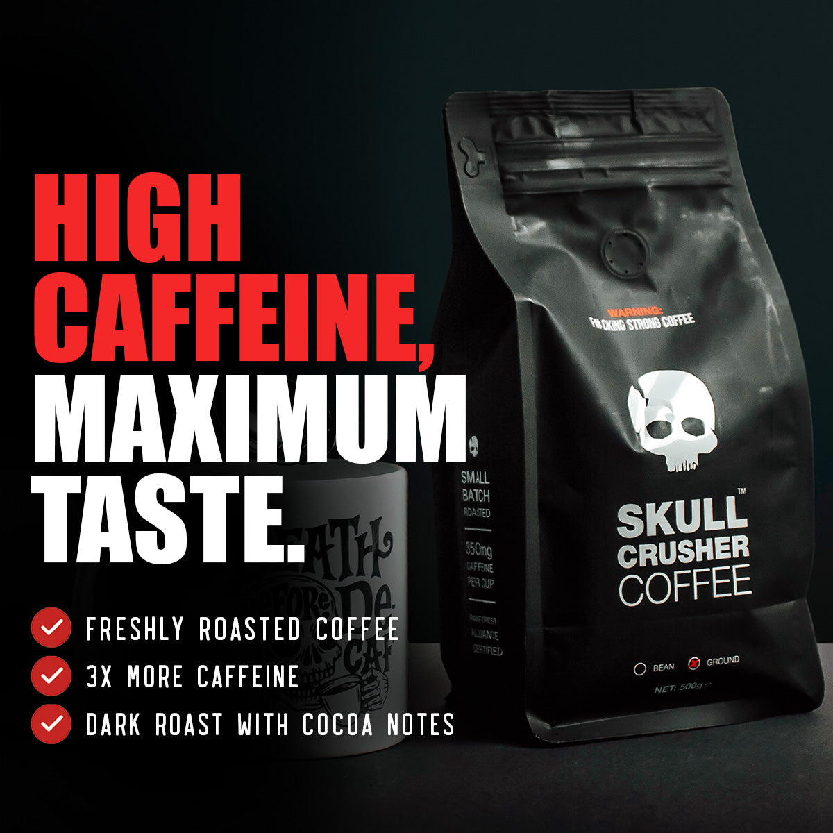 High caffeine Skull Crusher Coffee in a bag with bold skull logo and vibrant packaging, perfect for strong coffee lovers.