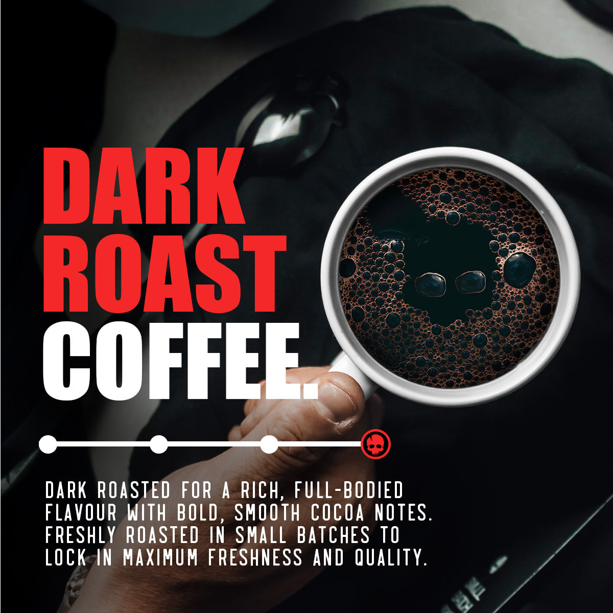 High caffeine Skull Crusher Coffee in a sleek black bag with bold skull logo and vibrant red accents, emphasizing its energetic appeal.
