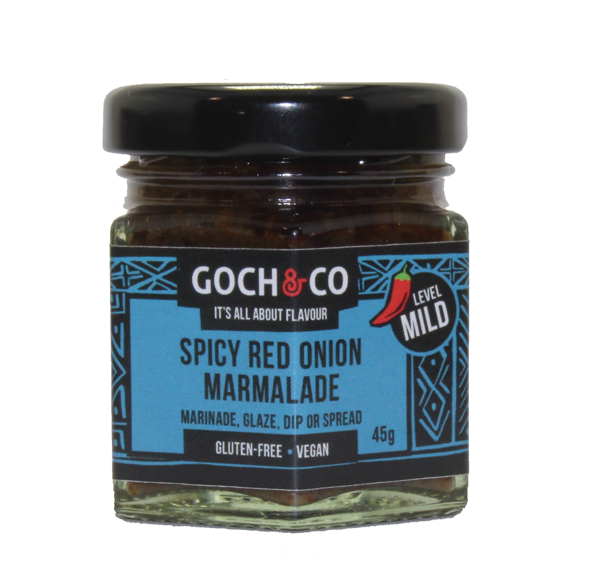 Spicy red onion marmalade jar from Goch & Co with vibrant red onion slices and glossy, flavorful marmalade inside a glass jar