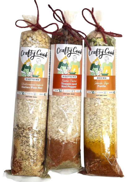 Crafty Cook Super Simple GF/V Risotto Collection Box with various ready-to-make risotto packs, displayed in a colorful gift box.