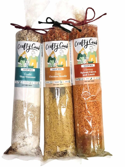Crafty Cook 3 Course Meal Bundle featuring a variety of soup dishes, presented in a colorful and appetizing display.