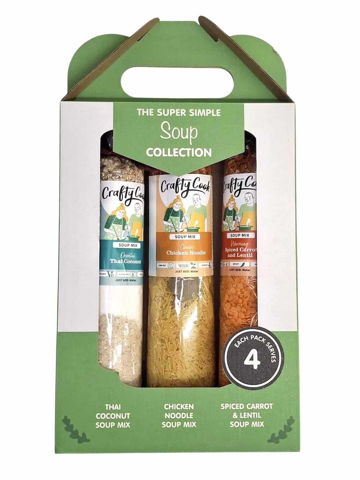 Assorted soup jars from Crafty Cook's Super Simple Soup Collection Box in red packaging, displayed together with labels visible.