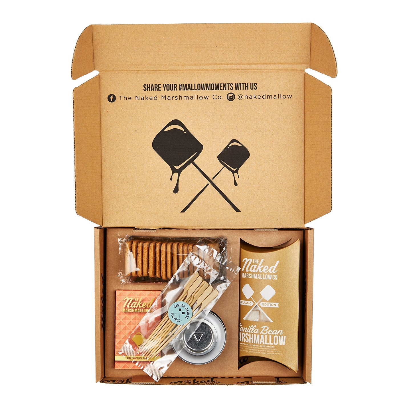 Luxury S'mores gift set from THE MARSHMALLOW FACTORY featuring marshmallow treats, graham crackers, and chocolate for gourmet s'mores.