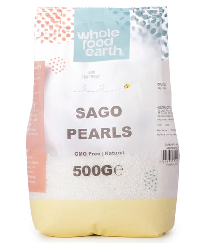 Whole Food Earth sago pearls in a 500g package, gluten-free grains used for cooking and thickening recipes.