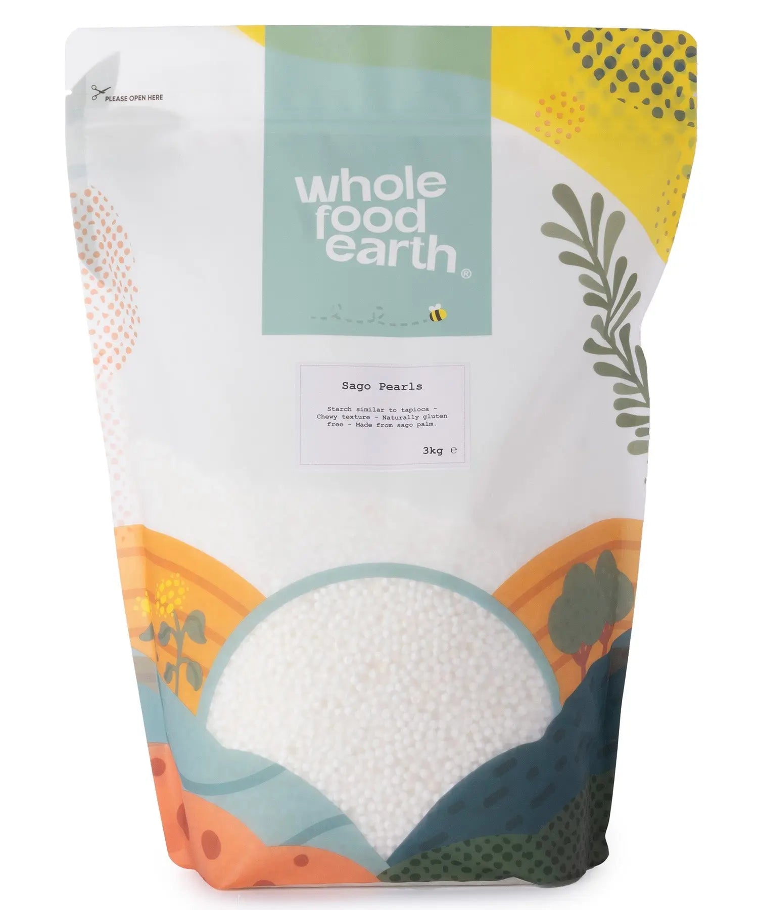 Whole Food Earth sago pearls in a 3kg bag, showing the small, translucent flour and grain product used in cooking and baking.