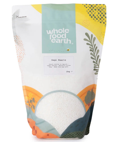 Whole Food Earth sago pearls in a 2kg bag, showcasing small, translucent tapioca pearls used in cooking and desserts.
