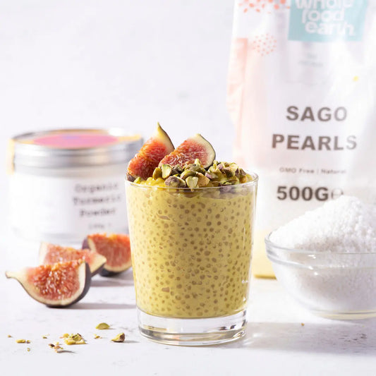 ArtisanBox sago pearls in a bowl with fresh fruits and ingredients, showcasing their use in culinary dishes.