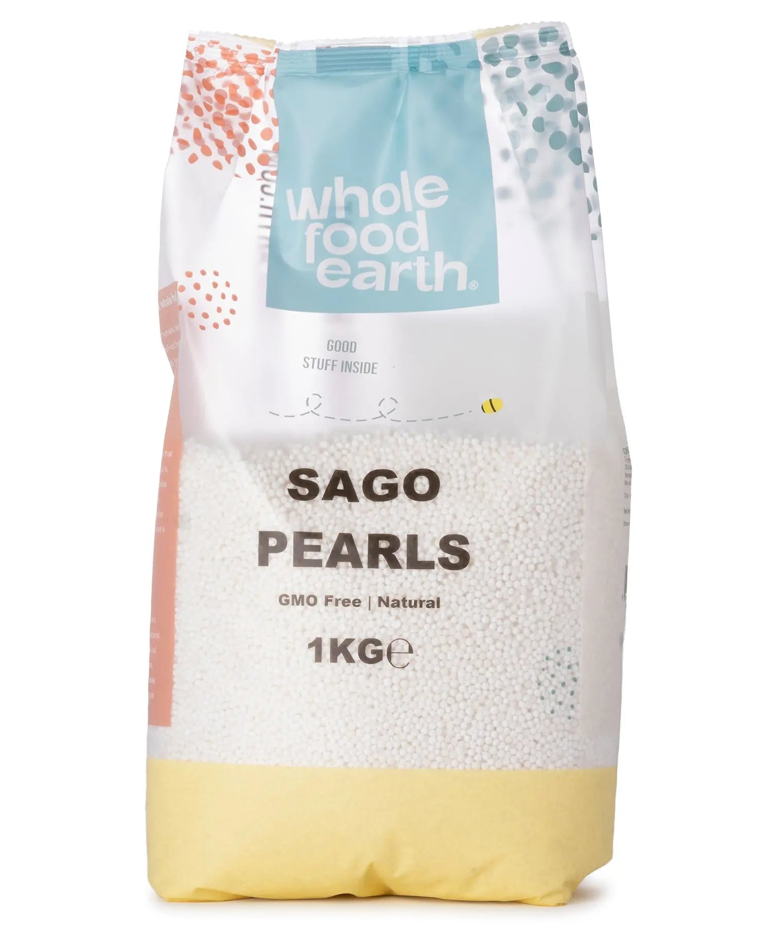 Whole Food Earth sago pearls in a 1kg bag, a versatile flour and grain product with small, translucent edible pearls.