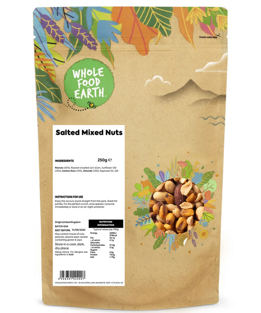 Assorted salted mixed nuts in a clear bowl, featuring almonds, cashews, and peanuts from ArtisanBox in a 250g package.