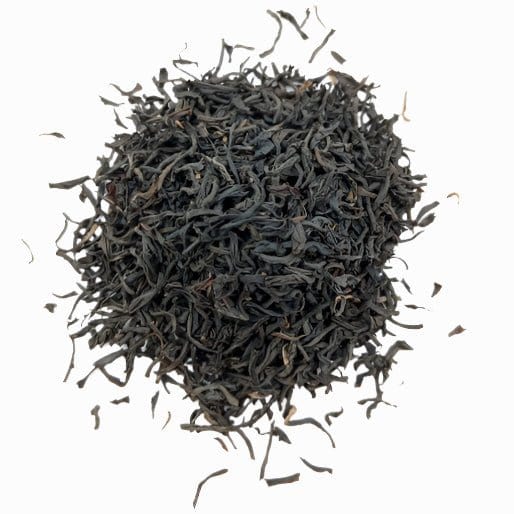 Black Santosa BOPS tea from Porter Hill Tea Company, showing loose tea leaves in a clear glass jar.