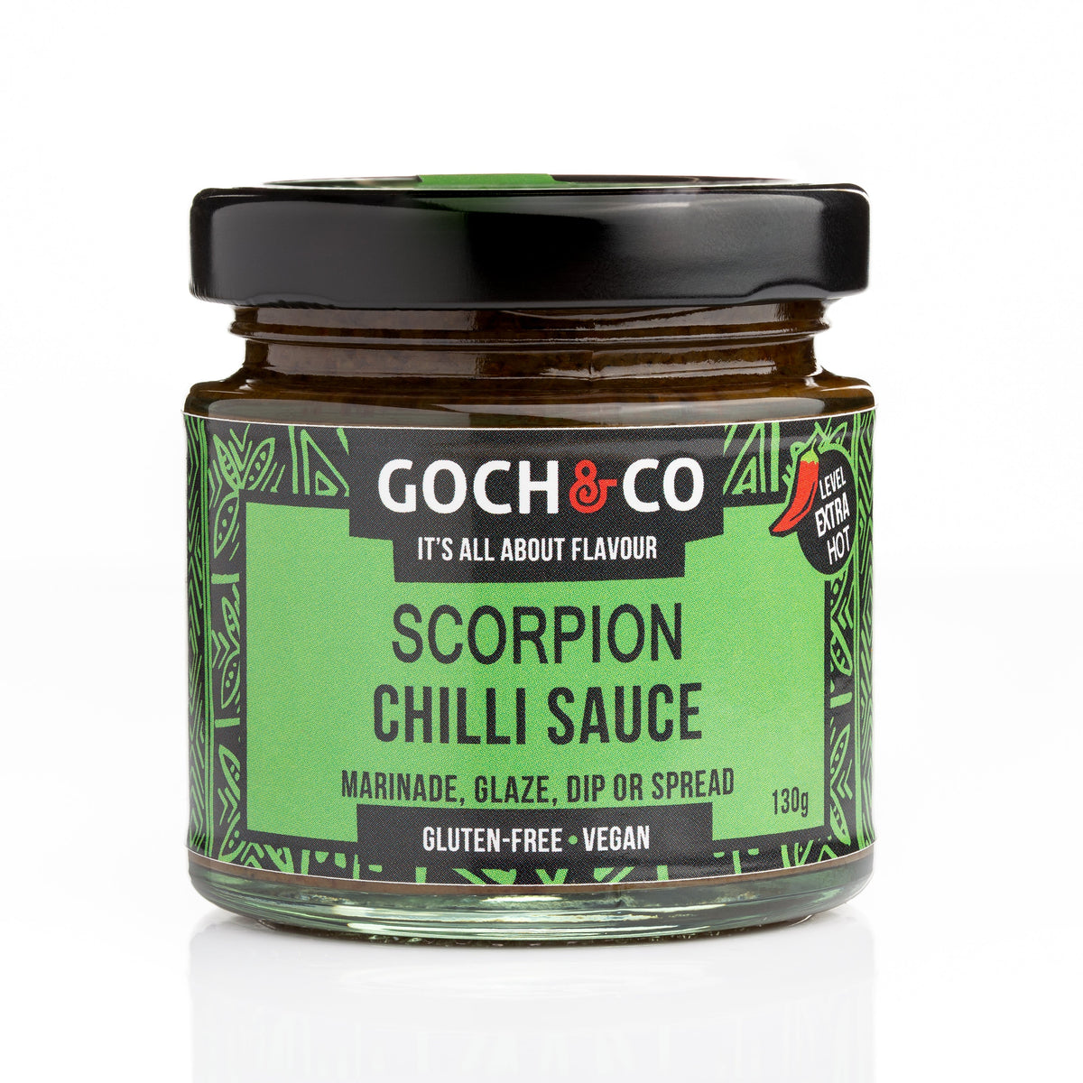 Goch & Co Scorpion Chilli Sauce bottle with label, showcasing fiery red chili sauce in a glass container.