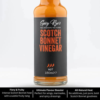 Spicy Ryes Scotch Bonnet Vinegar bottle with label, showcasing the fiery hot sauce in a clear glass container.
