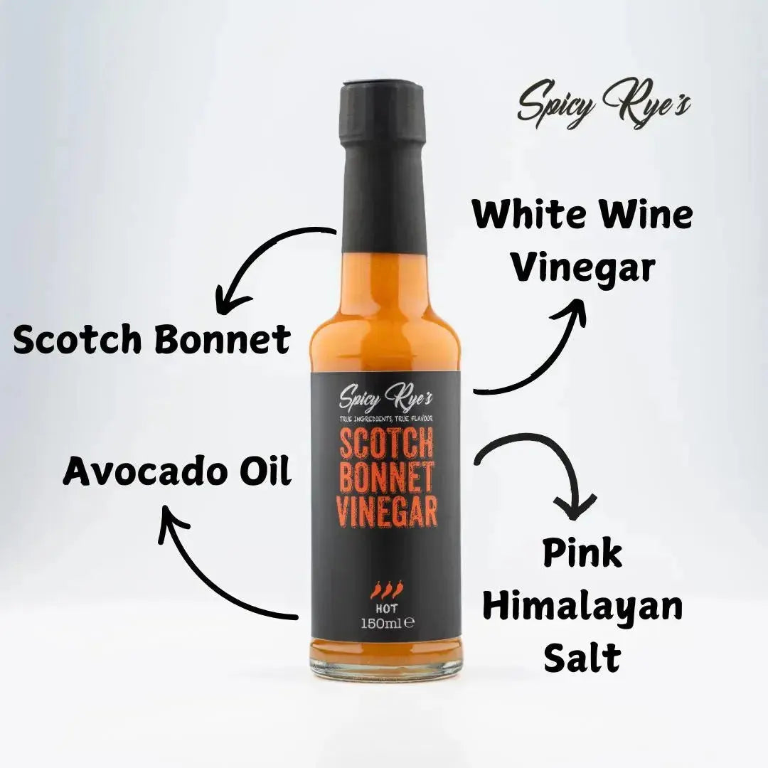 Spicy Ryes Scotch Bonnet Vinegar bottle with label, showcasing bright orange Scotch bonnet peppers and product branding.