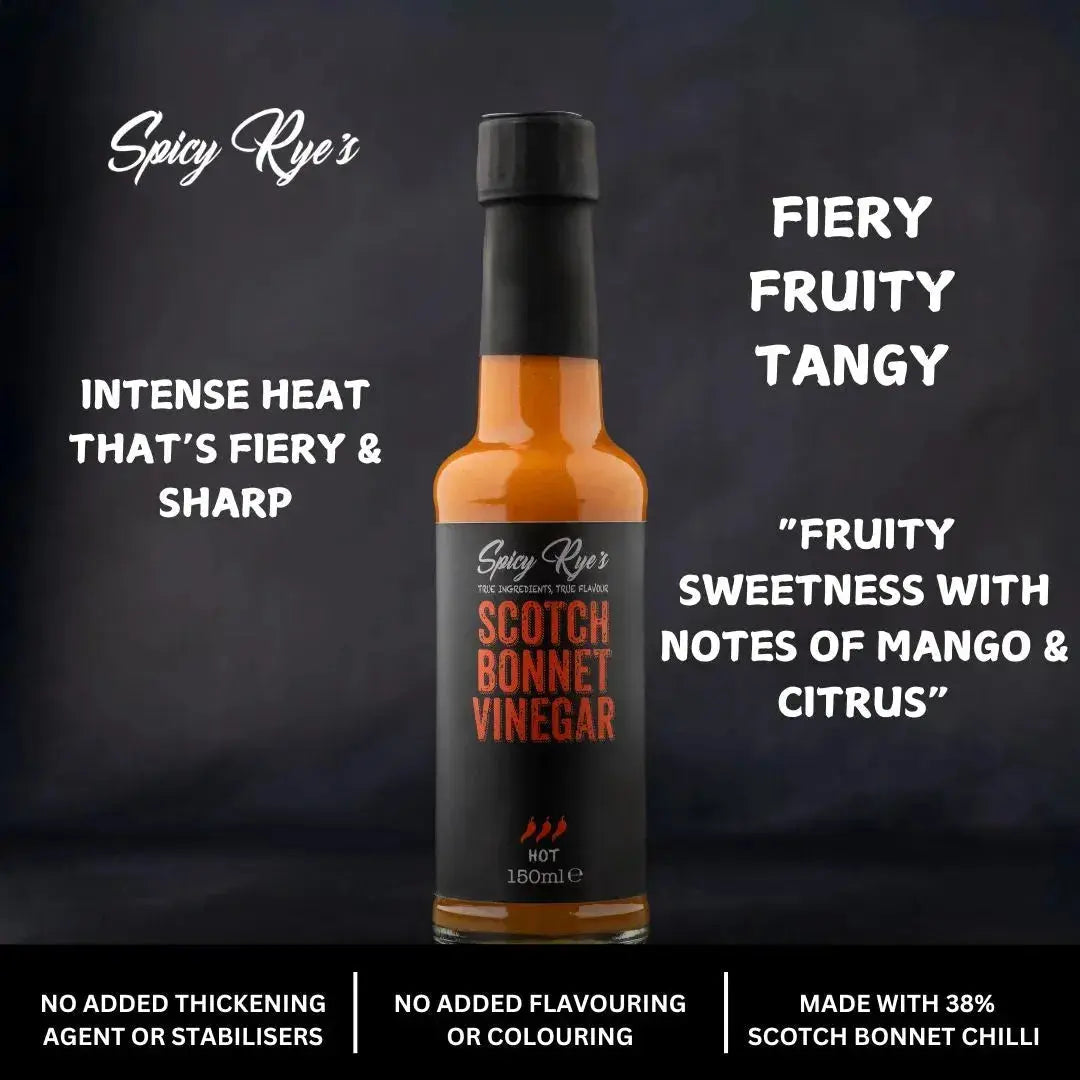 Spicy Ryes Scotch Bonnet Vinegar bottle with label, showcasing the vibrant product for hot sauce and seasoning enthusiasts.