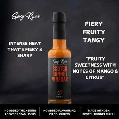 Spicy Ryes Scotch Bonnet Vinegar bottle with label, showcasing the vibrant product for hot sauce and seasoning enthusiasts.