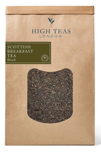 Loose leaf Scottish Breakfast Tea by High Teas, showcasing rich, dark tea leaves in a natural close-up shot.