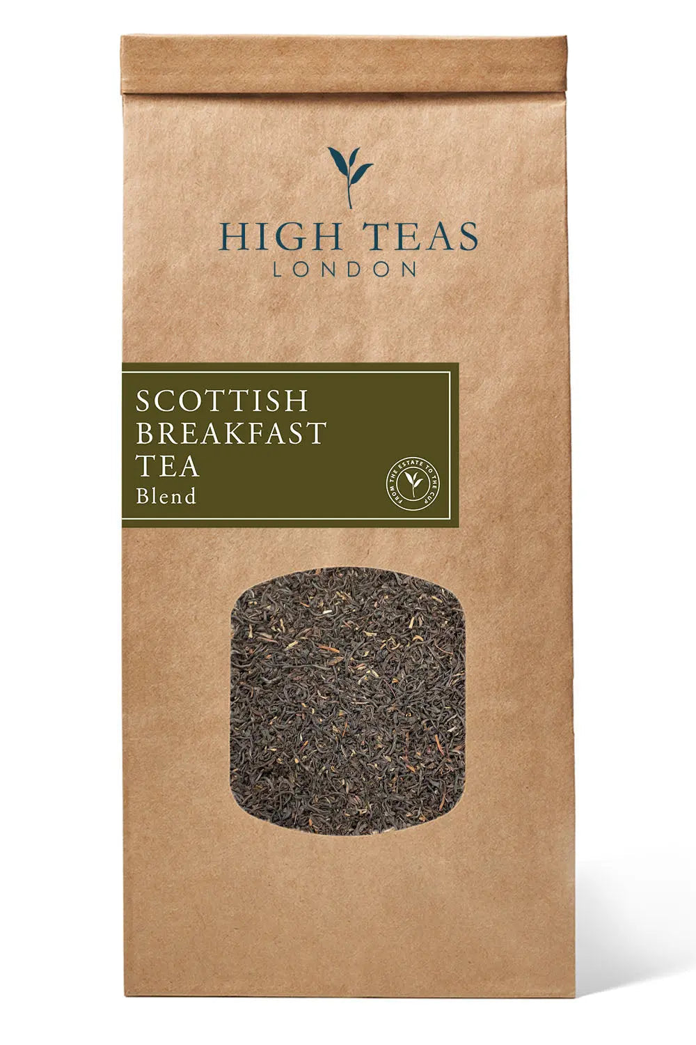 Loose leaf Scottish Breakfast Tea by High Teas, showcasing rich, dark tea leaves in a jar.