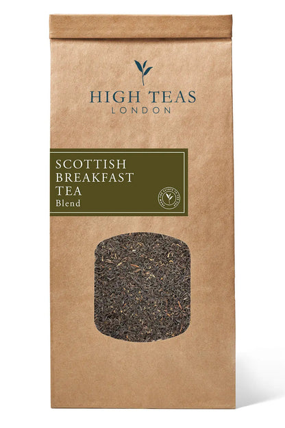 Loose leaf Scottish Breakfast Tea by High Teas, showcasing rich, dark tea leaves in a jar.