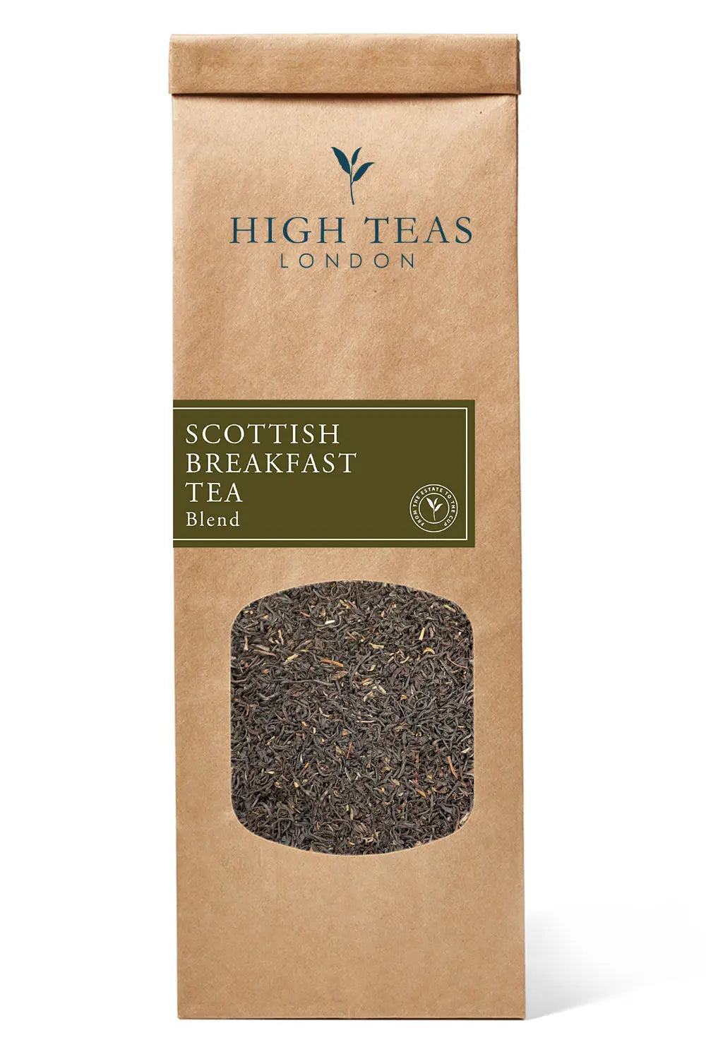 Loose leaf Scottish Breakfast Tea by High Teas, showcasing golden-brown tea leaves in a clear jar.