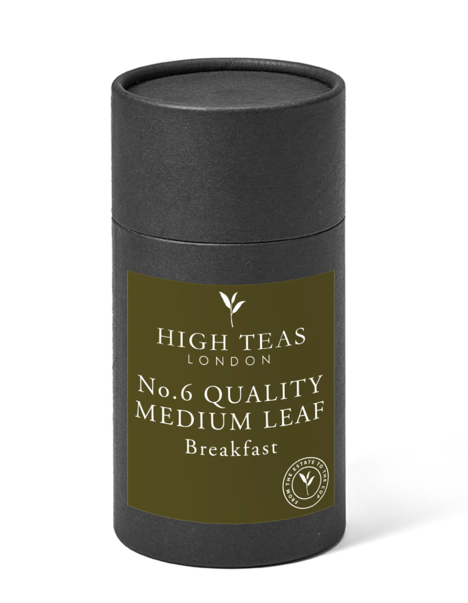 Loose leaf English Breakfast Blend no.6 tea from High Teas, showing medium-sized tea leaves in a clear container.