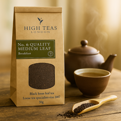 Loose leaf English Breakfast Blend no.6 tea by High Teas, showing medium-sized tea leaves in a clear container.