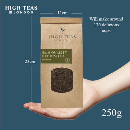 Loose leaf English Breakfast Blend no.6 tea by High Teas, showcasing medium-sized tea leaves in a clear glass jar.