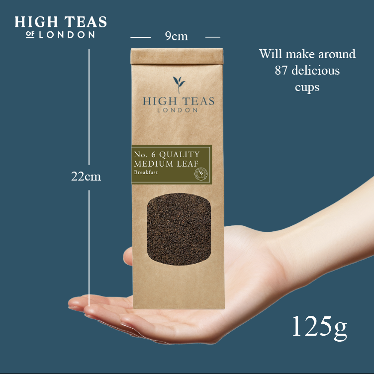 Loose leaf English Breakfast Blend No.6 tea by High Teas, showing medium leaf tea leaves in a clear container.