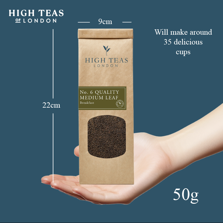 Loose leaf English Breakfast Blend No.6 tea by High Teas, showing medium-sized tea leaves in a natural, fresh appearance.